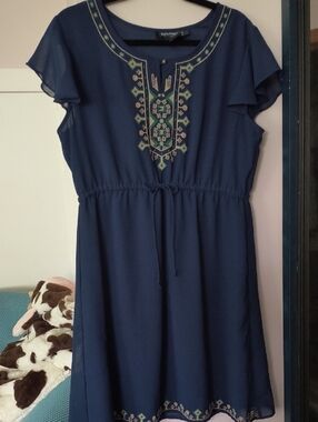 Navy Embroidered Midi Dress with Waist Tie